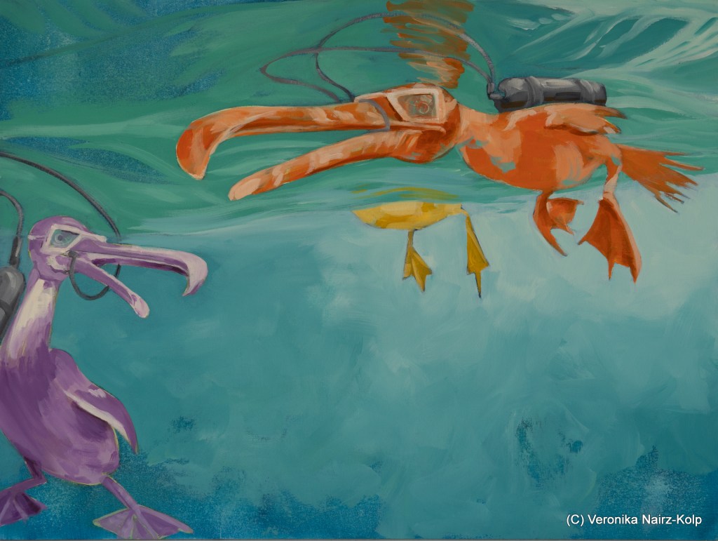 Das Bild von Veronika Kolp zeigt fantasievolle tauchende Vögel mit Taucherbrille und Sauerstoffflaschen am Rücken in bunten Farben