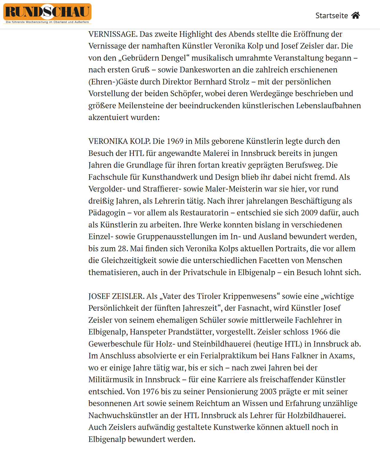 Zeitungsbericht über Veronika Kolp